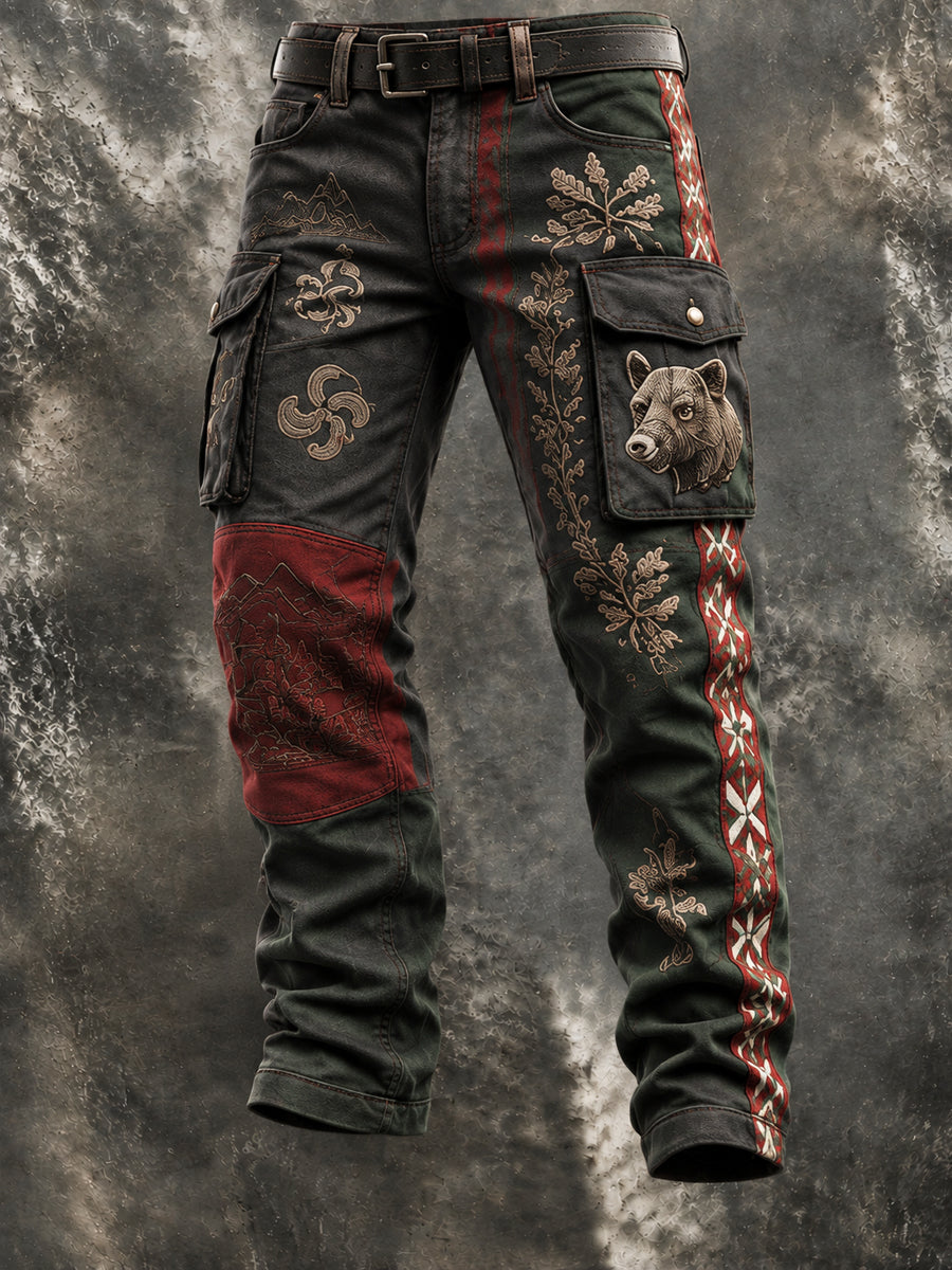 Hombre Vintage Estilo Vasco Caza Estampado Animal Retazos Trabajo Pantalones