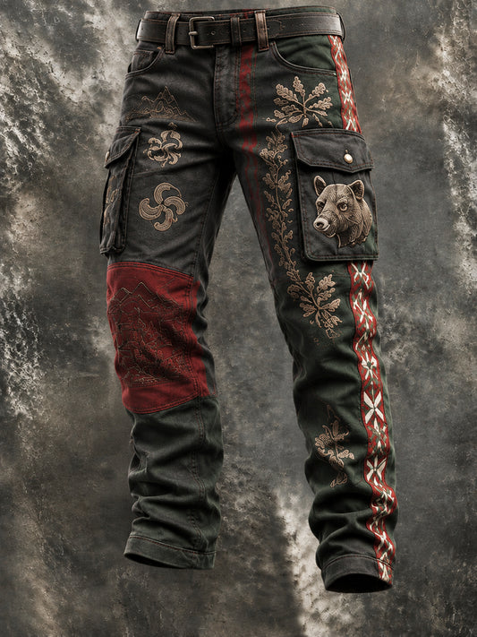 Hombre Vintage Estilo Vasco Caza Estampado Animal Retazos Trabajo Pantalones