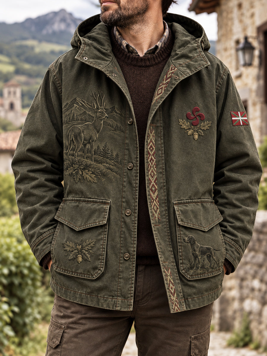 Chaqueta con capucha inspirada en la caza vasca de la vendimia de los hombres