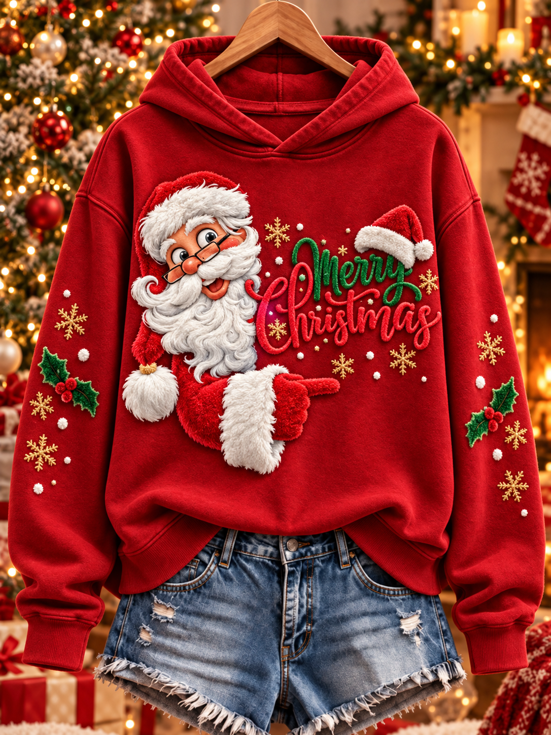 Sudadera regular con estampado de Santa de Navidad para mujer