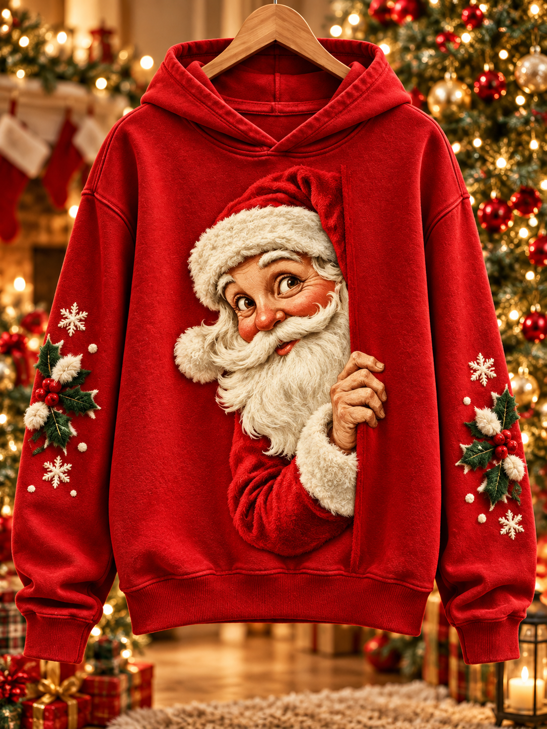 Sudadera regular con estampado navideño de Papá Noel para mujer
