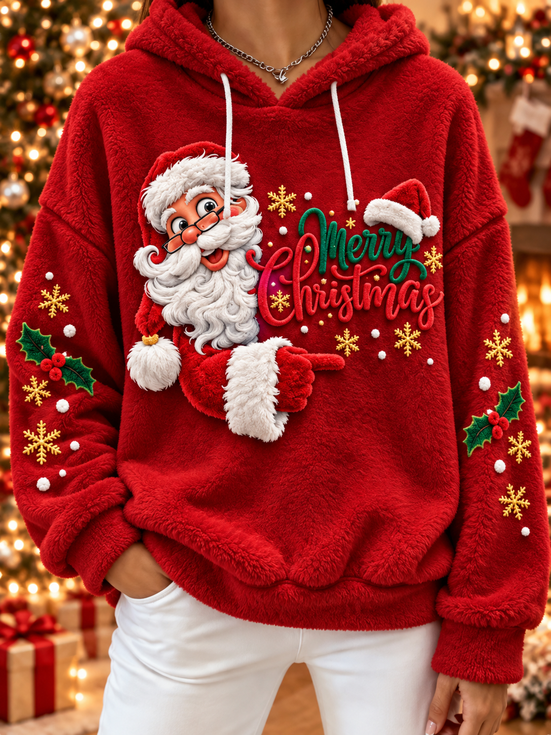 Sudadera con capucha de franela con estampado de Santa de Navidad para mujer