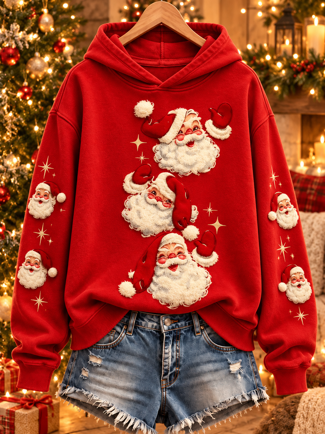 Sudadera regular con estampado navideño de Papá Noel para mujer