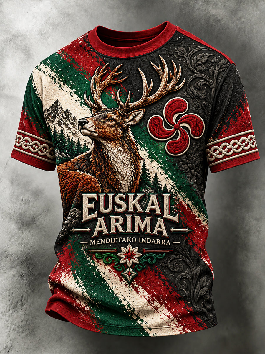 Camiseta informal con diseño artístico de ciervo rojo vasco, estilo vintage
