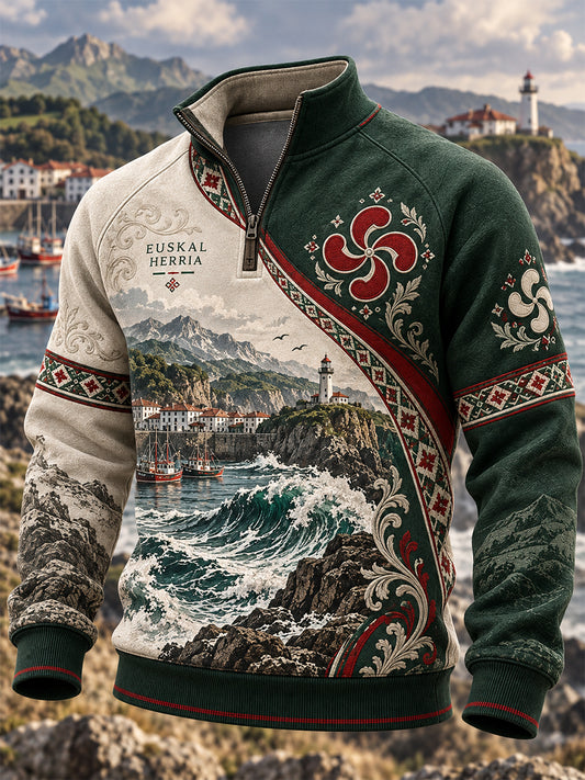 Sudadera de cuello alto con media cremallera, de estilo vasco, para hombre