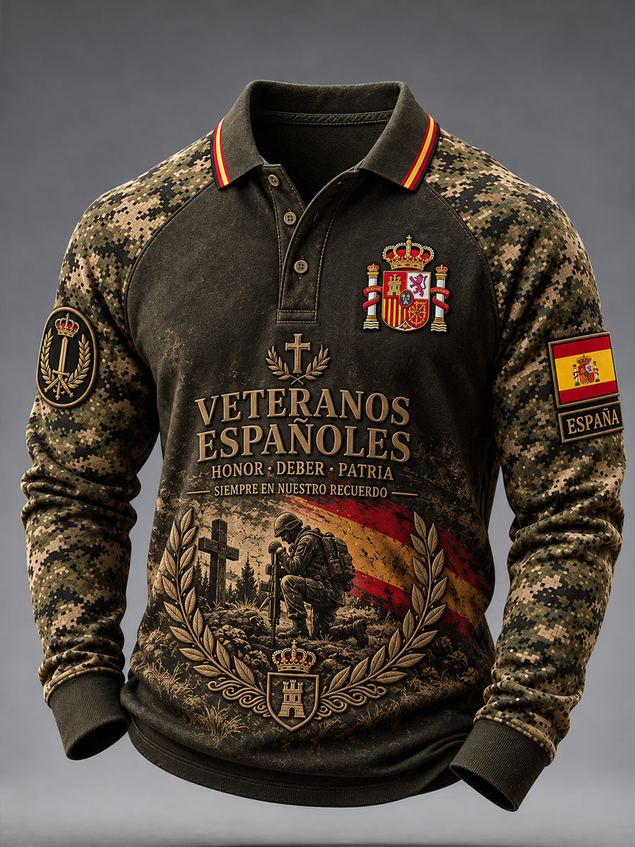 Camiseta de manga larga con diseño de gofre para el Día de la Conmemoración de los Veteranos españoles, estilo masculino