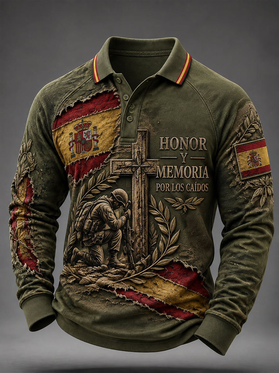 Camiseta de manga larga con diseño de gofre para el Día de la Conmemoración de los Veteranos españoles, estilo masculino