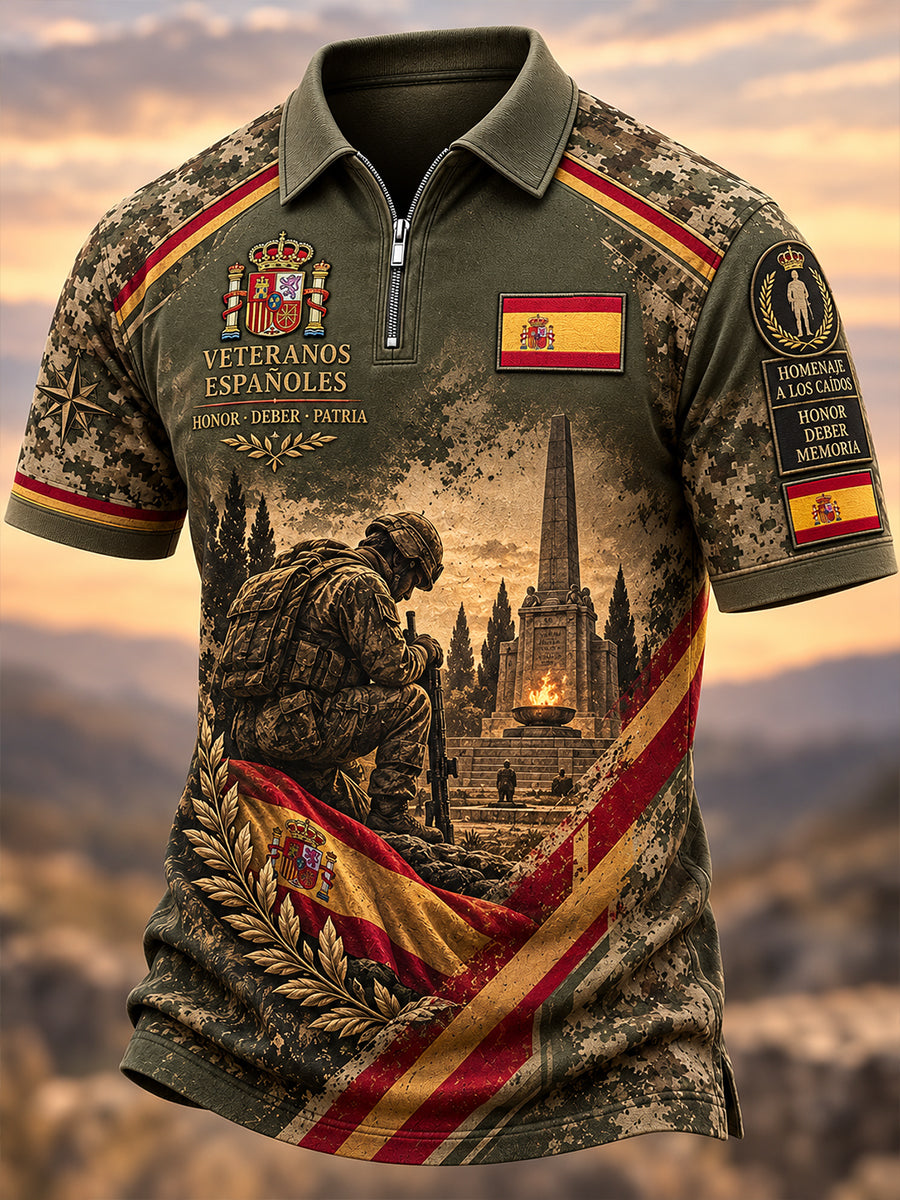 Polo casual con estampado de día de recuerdo de veteranos españoles para hombre