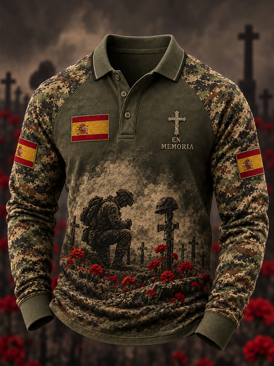 Camiseta de manga larga con diseño de gofre para el Día de la Conmemoración de los Veteranos españoles, estilo masculino
