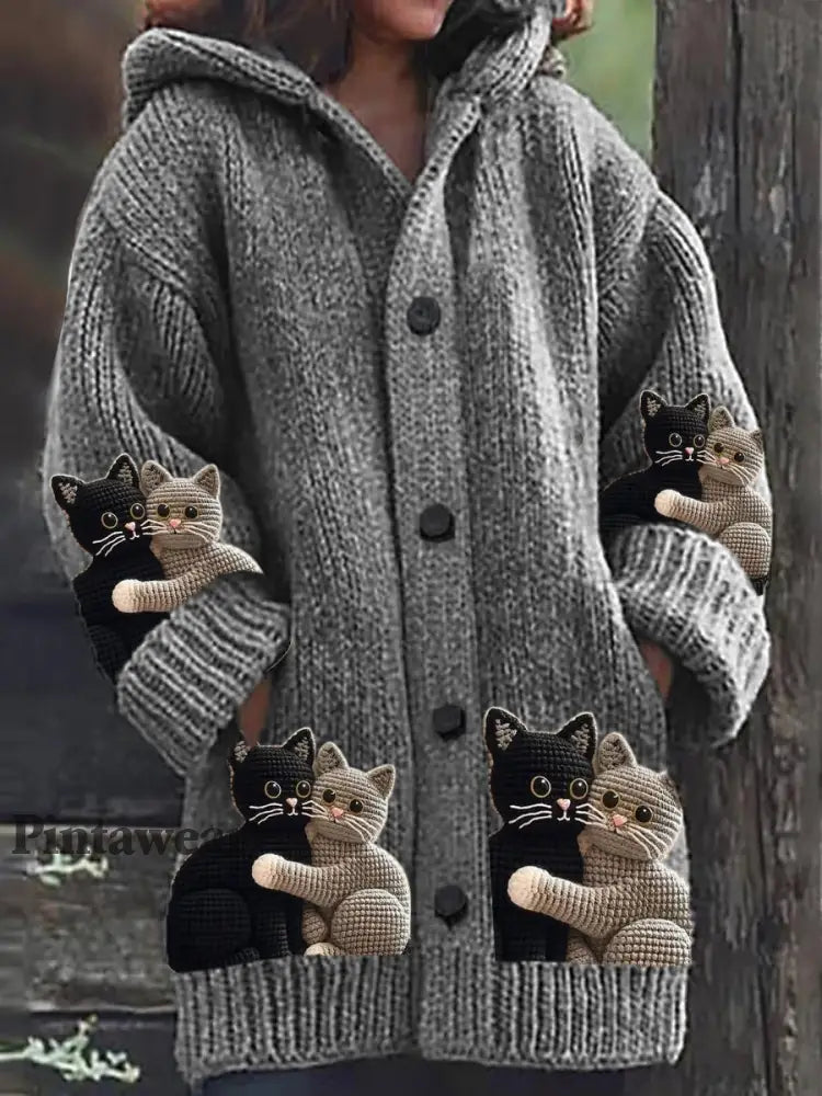 Suéter de punto grueso con capucha y estampado de gato adorable para mujer B / S Cardigan