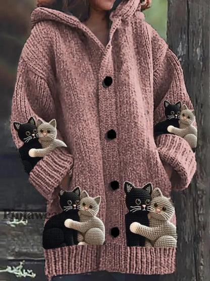 Suéter de punto grueso con capucha y estampado de gato adorable para mujer D / S Cardigan