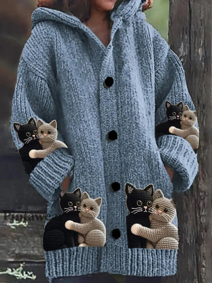 Suéter de punto grueso con capucha y estampado de gato adorable para mujer E / S Cardigan