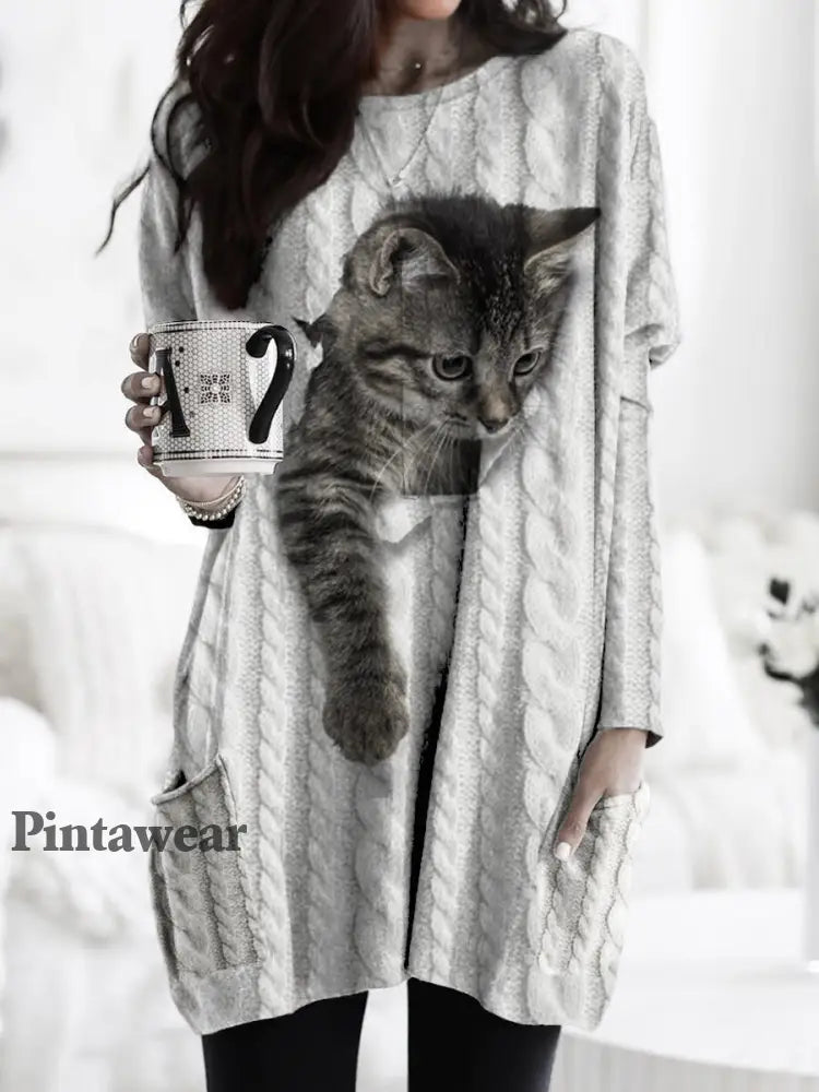 Suéter de punto grueso con capucha y estampado de gato As picture / S Camisetas