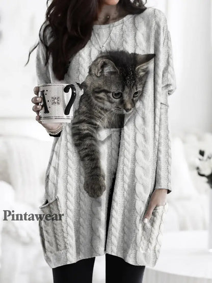 Suéter de punto grueso con capucha y estampado de gato As picture / S Camisetas