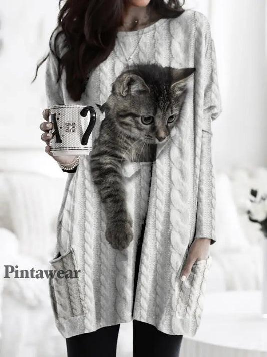 Suéter de punto grueso con capucha y estampado de gato As picture / S Camisetas