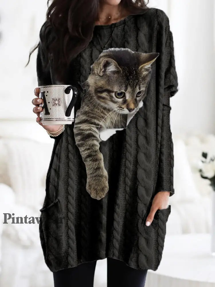 Suéter de punto grueso con capucha y estampado de gato Black / S Camisetas