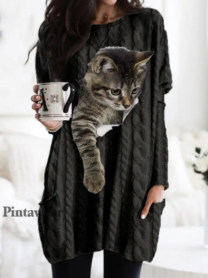 Suéter de punto grueso con capucha y estampado de gato Black / S Camisetas