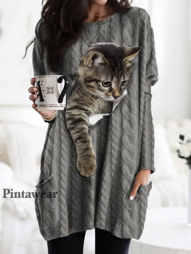 Suéter de punto grueso con capucha y estampado de gato Gray / S Camisetas