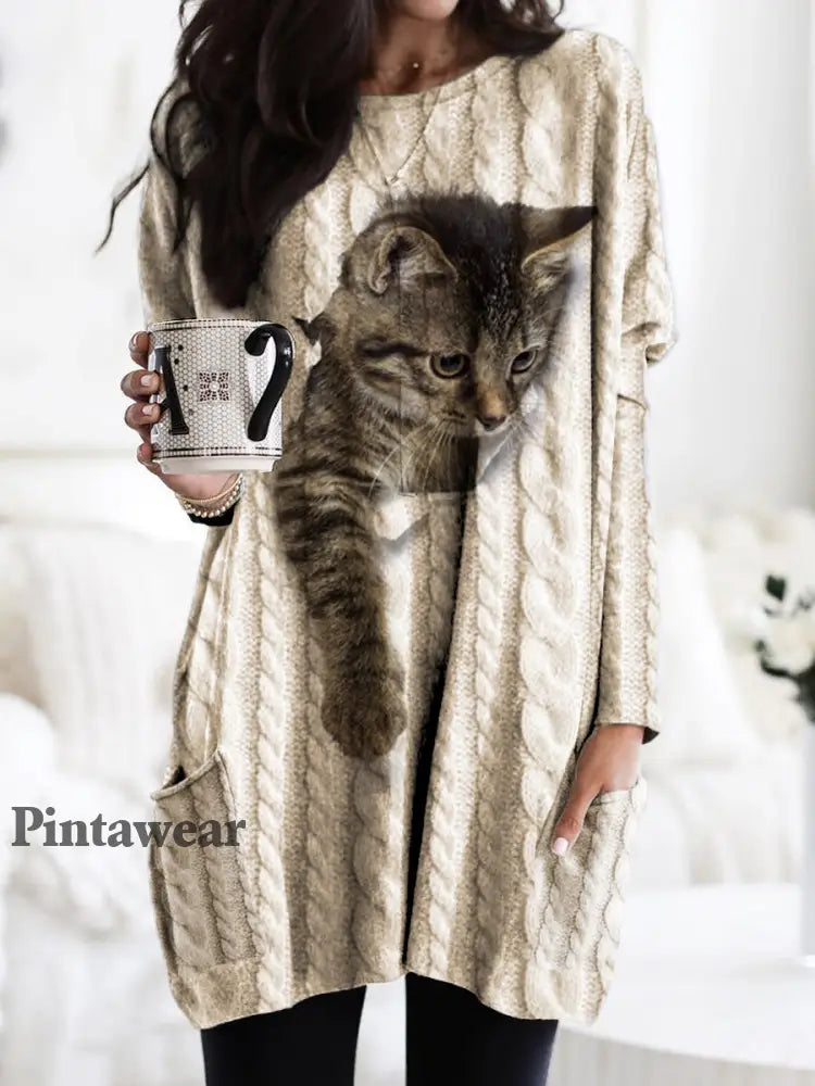 Suéter de punto grueso con capucha y estampado de gato Khaki / S Camisetas
