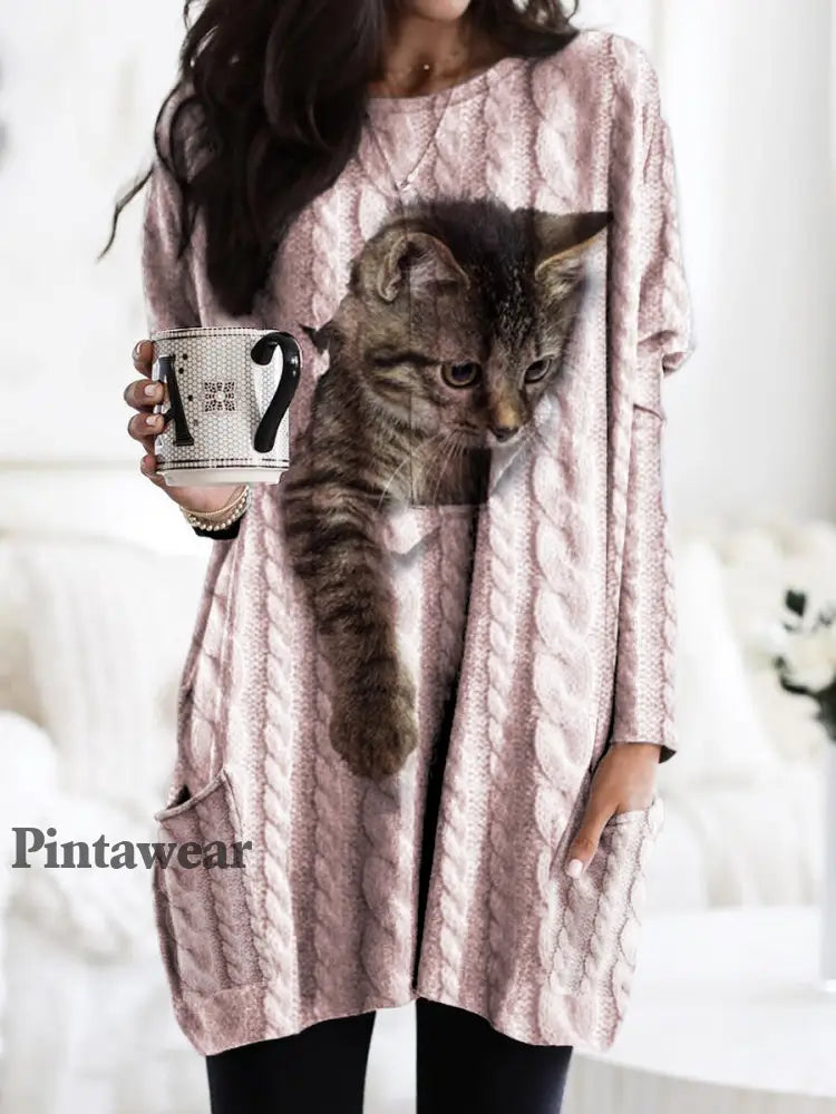 Suéter de punto grueso con capucha y estampado de gato Pink / S Camisetas