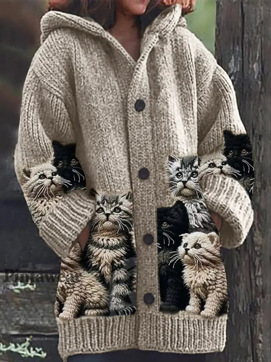 Suéter grueso con capucha y mangas largas estampado de mascotas adorable A / S Cardigan