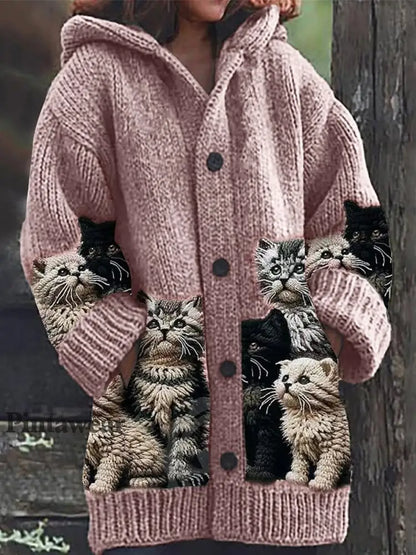 Suéter grueso con capucha y mangas largas estampado de mascotas adorable B / S Cardigan