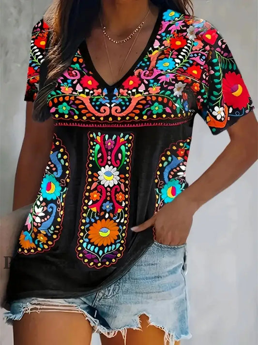 Top con estampado de arte floral de México Cinco de Mayo para mujer negro / S