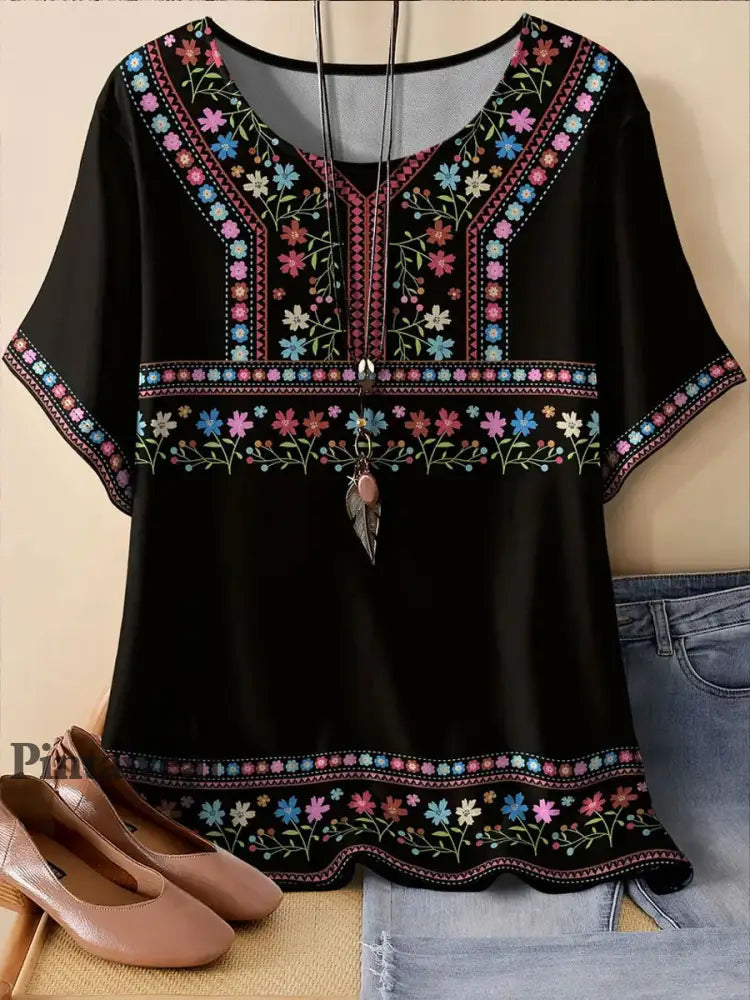 Top con estampado de arte floral de México Cinco de Mayo para mujer negro / S