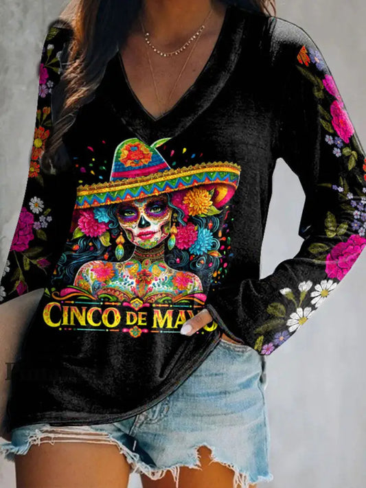 Top con estampado de arte floral de México Cinco de Mayo para mujer negro / S