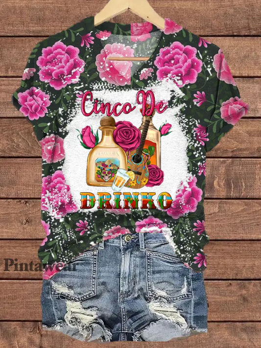 Top con estampado de arte floral de México Cinco de Mayo para mujer rojo de Rose / S