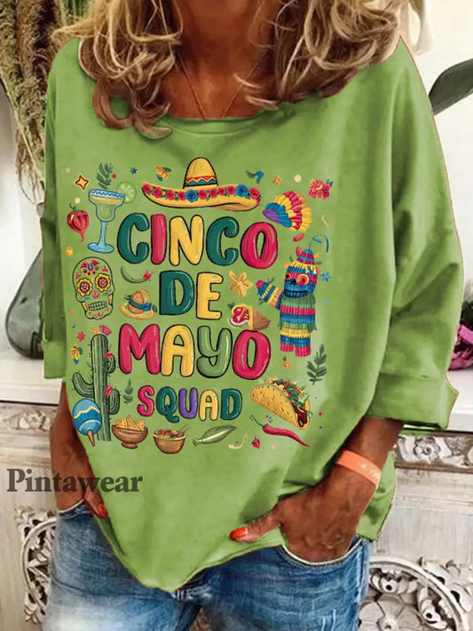 Top con estampado de arte floral de México Cinco de Mayo para mujer Verde / S