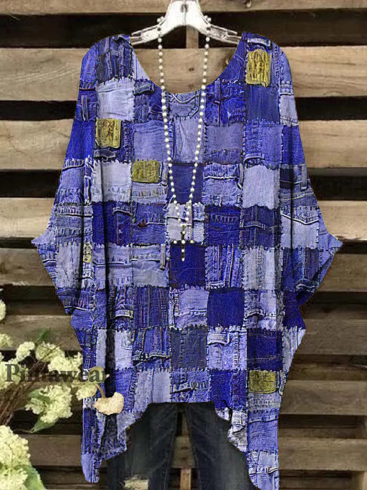 Top de manga corta con estampado geométrico retro para mujer azul real / S