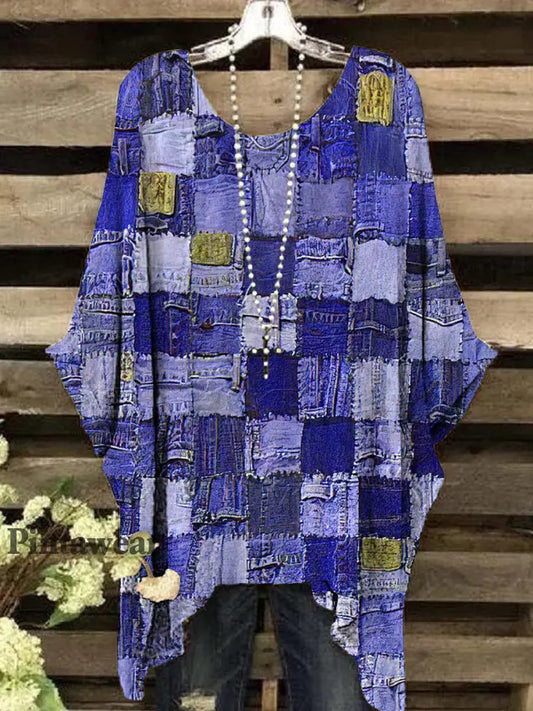 Top de manga corta con estampado geométrico retro para mujer azul real / S