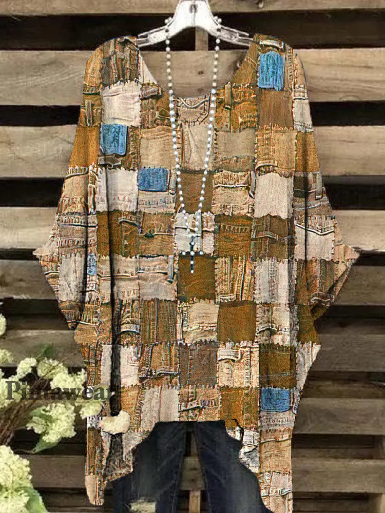 Top de manga corta con estampado geométrico retro para mujer caqui / S