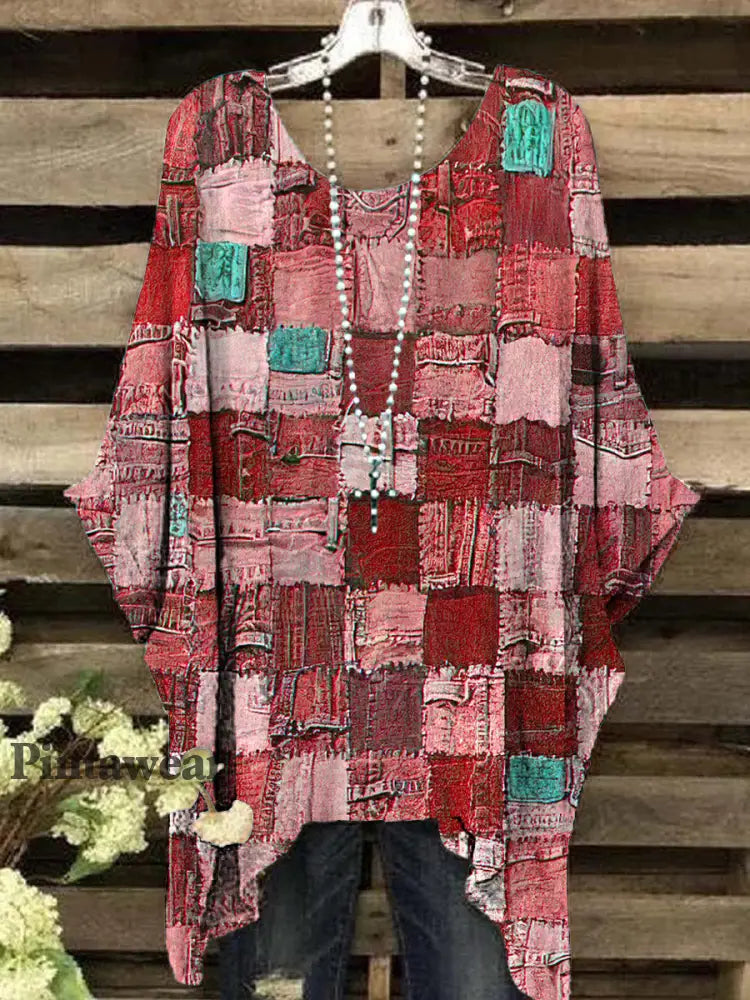 Top de manga corta con estampado geométrico retro para mujer rojo / S