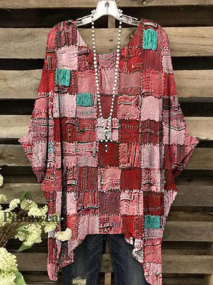 Top de manga corta con estampado geométrico retro para mujer rojo / S