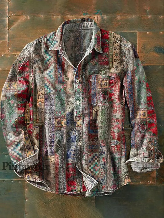 Unisex estilo étnico empalme Vintage impreso solapa manga larga bolsillo Camisa colorido / S