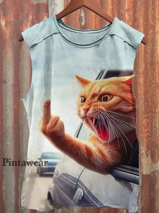 Unisex Funny Angry Cat Art Print Casaul Tank Top azul / S