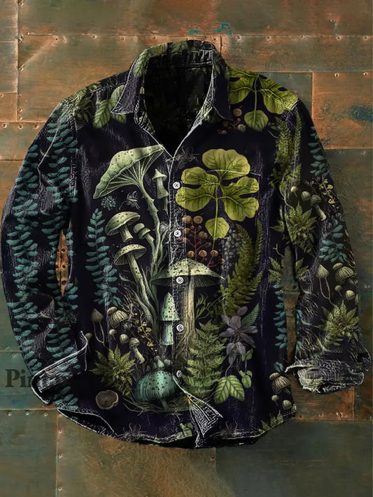 Unisex Hombre Vintage Botánico Floral Mushroom Abstract Print Casual Manga Larga Camisa como imagen / S