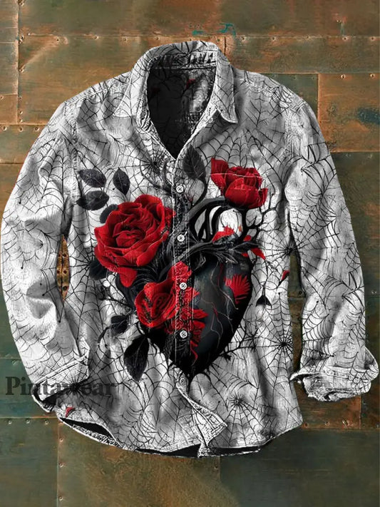 Unisex Hombre Vintage Dark Spider Web Heart Rose Abstract Print Casual Camisa de manga larga gris claro / S