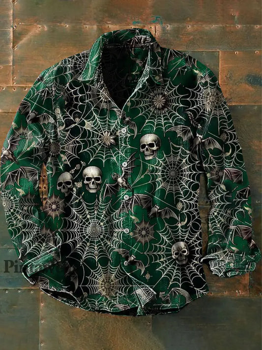 Unisex Hombre Vintage Dark Spiderweb Skull Bat Abstract Print Casual Camisa de manga larga verde / S