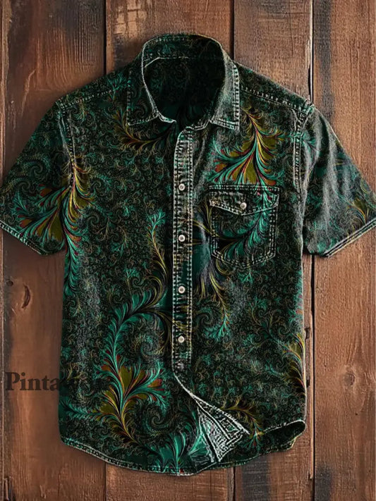 Unisex Hombre Vintage Western Colorful Mandala Pluma Abstracta Imprimir Casual Bolsillo Manga Corta Camisa verde / S
