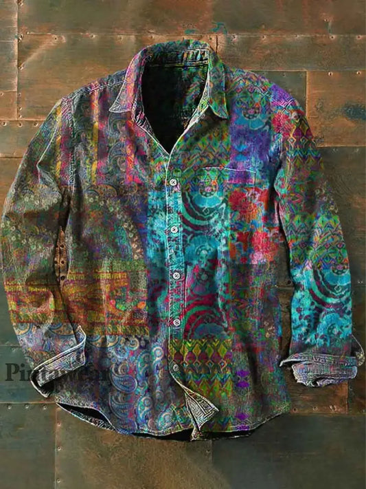 Unisex hombres vintage étnico multicolor geométrico floral impresión abstracta casual manga larga camisa como imagen / S