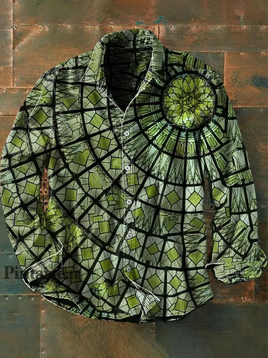 Unisex Hombres Vintage Gótico Colorido Ventana Círculo Impresión Abstracta Casual Camisa de Manga Larga verde / S