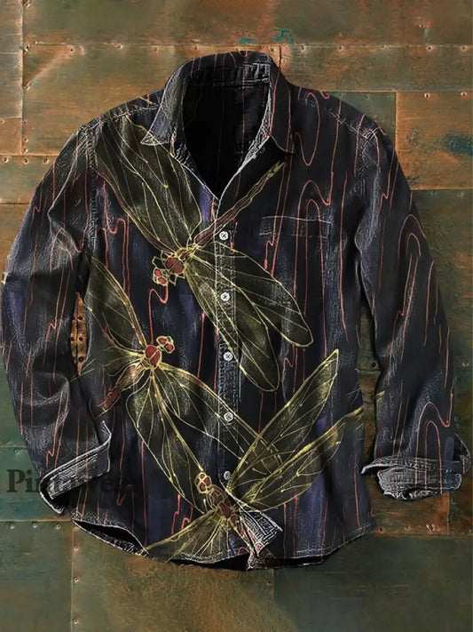 Unisex Hombres Vintage Punk Libélula Diseño Impresión Abstracta Casual Camisa de Manga Larga como imagen / S