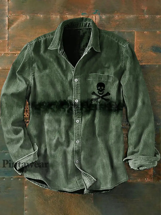 Unisex Hombres Vintage Punk Verde Cráneo Impresión Abstracta Casual Camisa de manga larga verde / S
