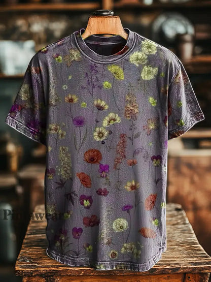 Unisex retro abstracto estampado floral casual suelta camiseta de manga corta Beige / S