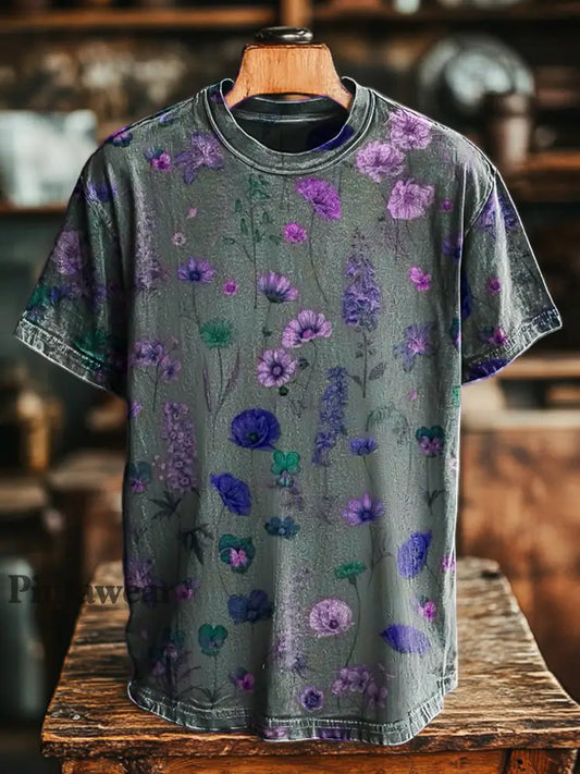 Unisex retro abstracto estampado floral casual suelta camiseta de manga corta Rosa-Púrpura / S