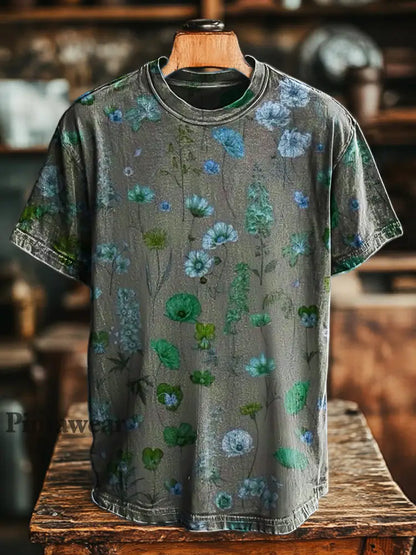 Unisex retro abstracto estampado floral casual suelta camiseta de manga corta Verde claro / S
