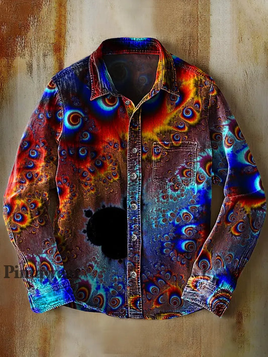 Unisex simple moda retro colorido arte impresión solapa manga larga bolsillo camisa A / S